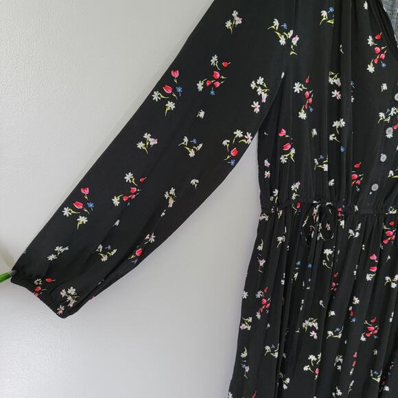 Loft Black Floral Cinch Waist Mini Dress Womens L Romantic Office Fairy Cottage - Picture 4 of 9